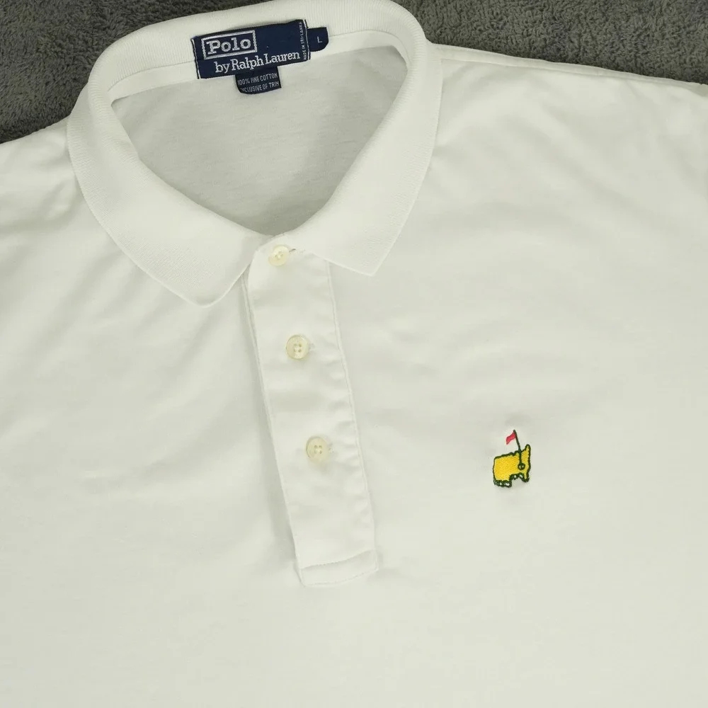 VTG Polo Ralph Lauren Polo Shirt Mens L White Masters Golf Logo Short Sleeve
